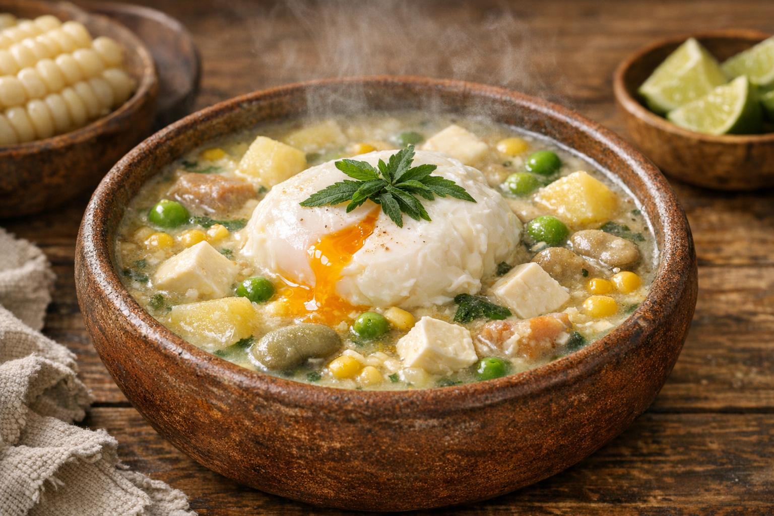 Un tazón humeante de Chupe de Viernes peruano, con huevo pochado, queso y vegetales, listo para disfrutar.
