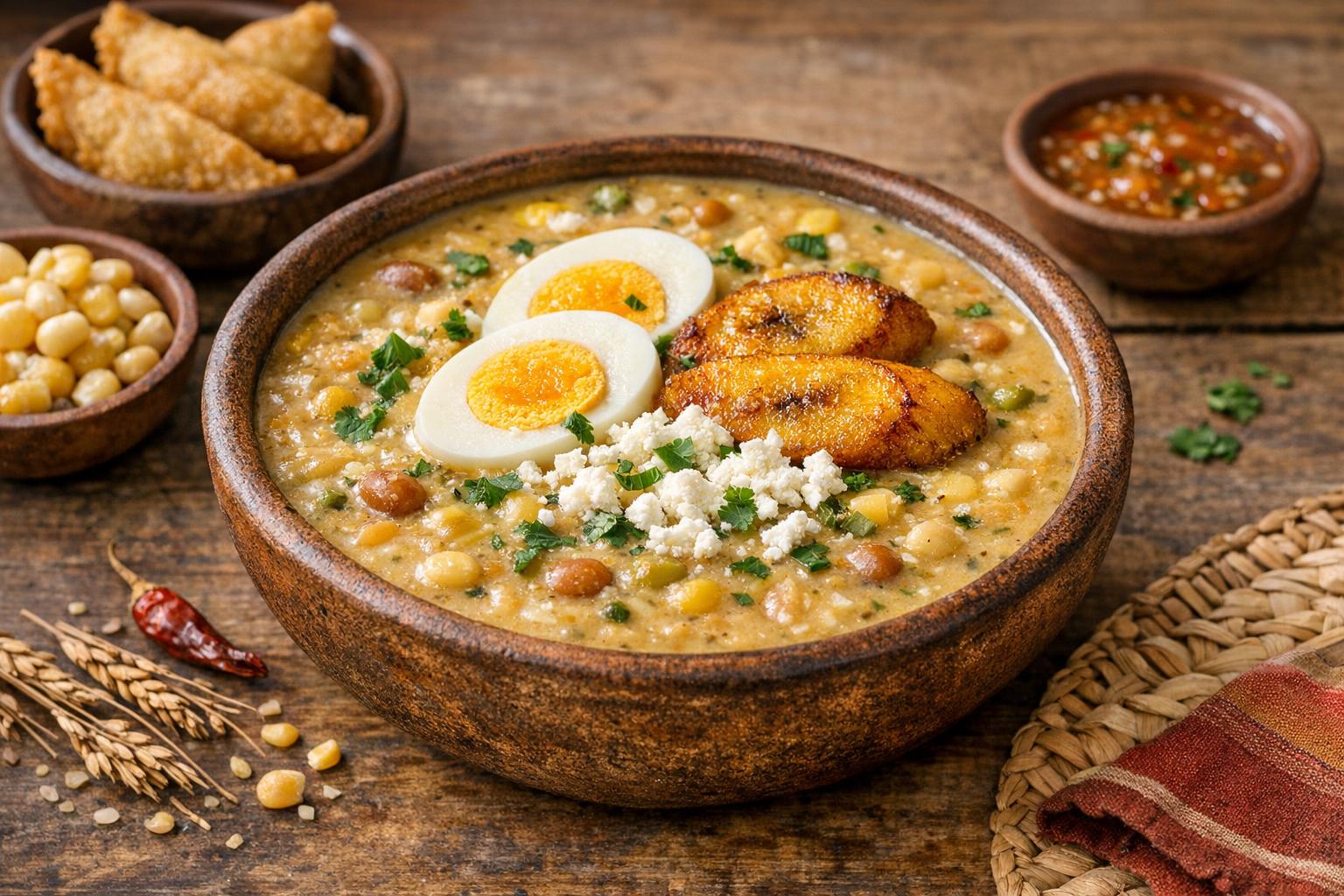 Plato hondo de Fanesca ecuatoriana, una sopa cremosa con granos, bacalao y guarniciones de huevo, plátano frito y queso.