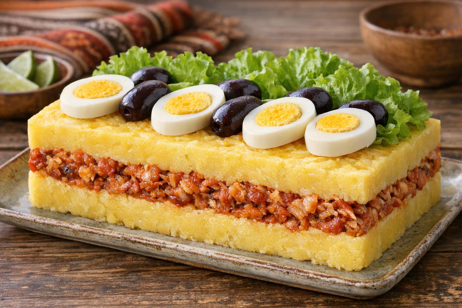 Causa ferreñafana tradicional de Ferreñafe, Perú, con capas de papa amarilla, relleno de pescado salado y decorada con huevo, aceitunas y lechuga.