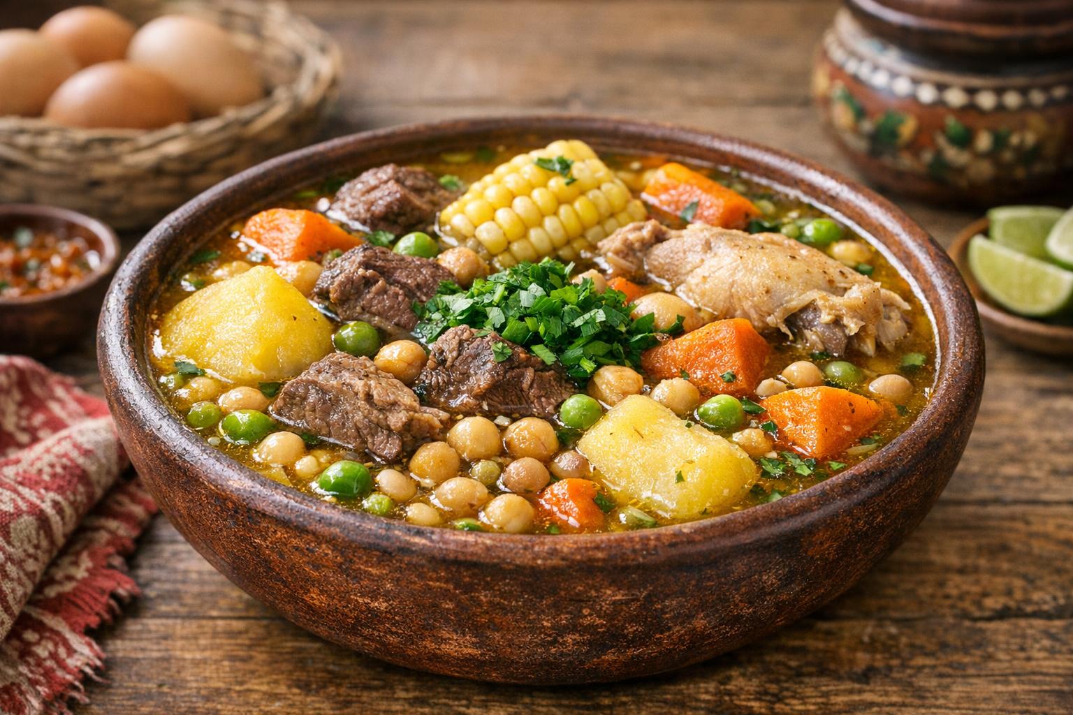 Caldo de Pascua arequipeño tradicional, una sopa peruana contundente con carnes, verduras y legumbres, servida en un tazón rústico.