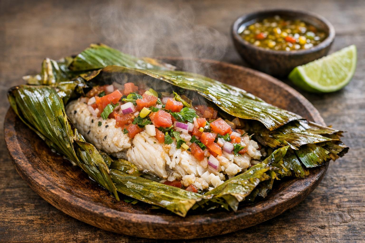 Patarashca de Semana Santa, pescado amazónico envuelto en hojas de bijao, servido en un plato rústico.