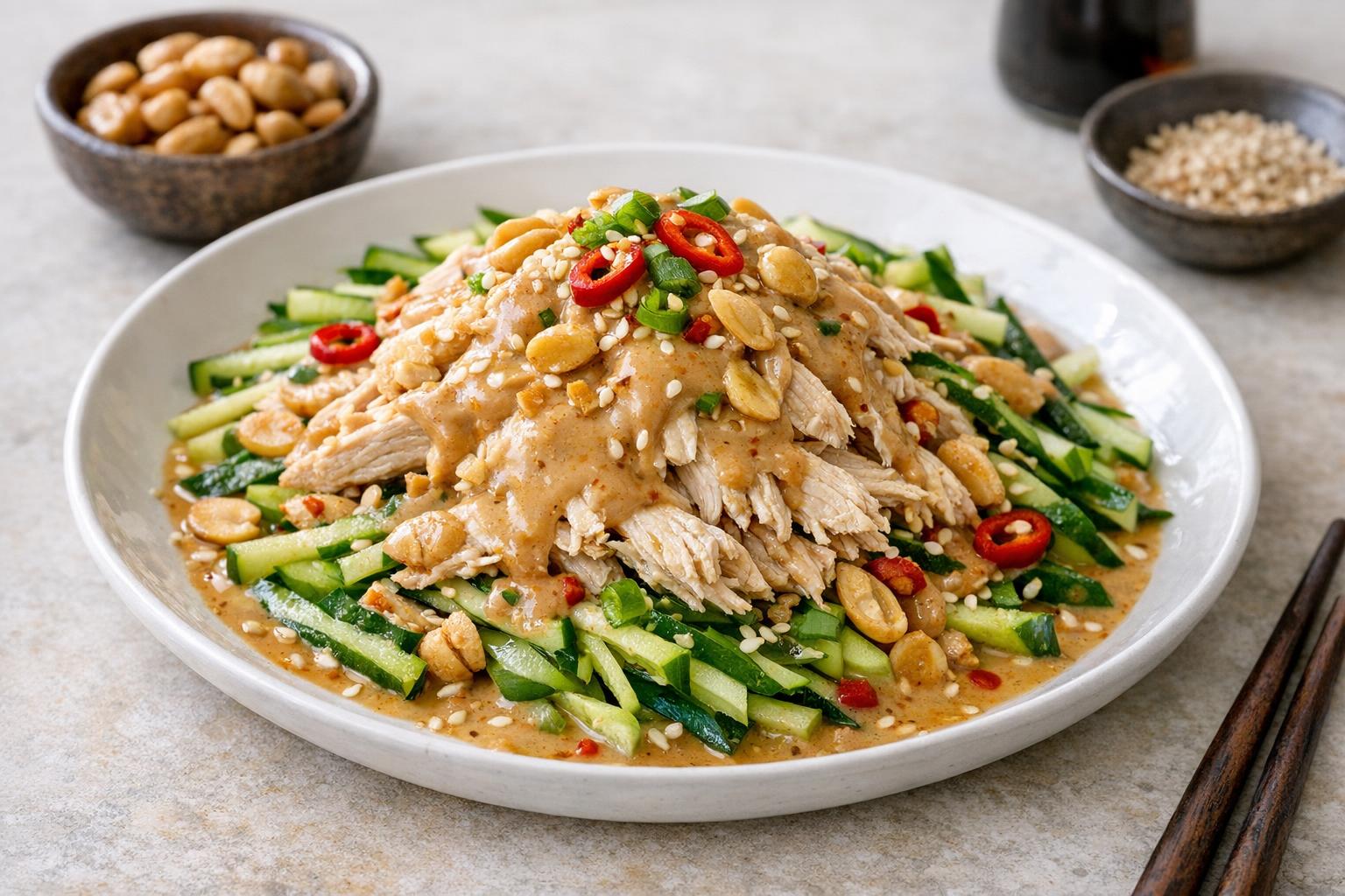 Pollo Bang Bang (Sichuan): ensalada fría con salsa de sésamo