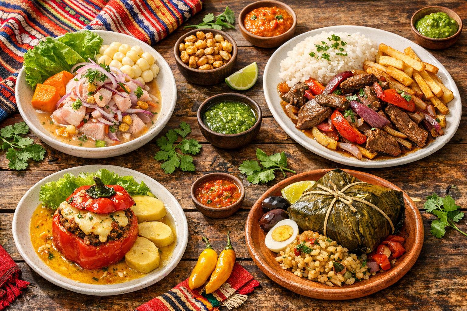 Variedad de platos típicos del Perú, incluyendo ceviche, lomo saltado y rocoto relleno, sobre una mesa rústica.