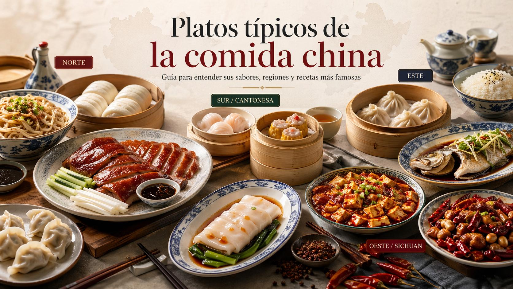 Platos típicos de la comida china con pato laqueado, dim sum, xiao long bao, mapo tofu y dumplings por regiones de China