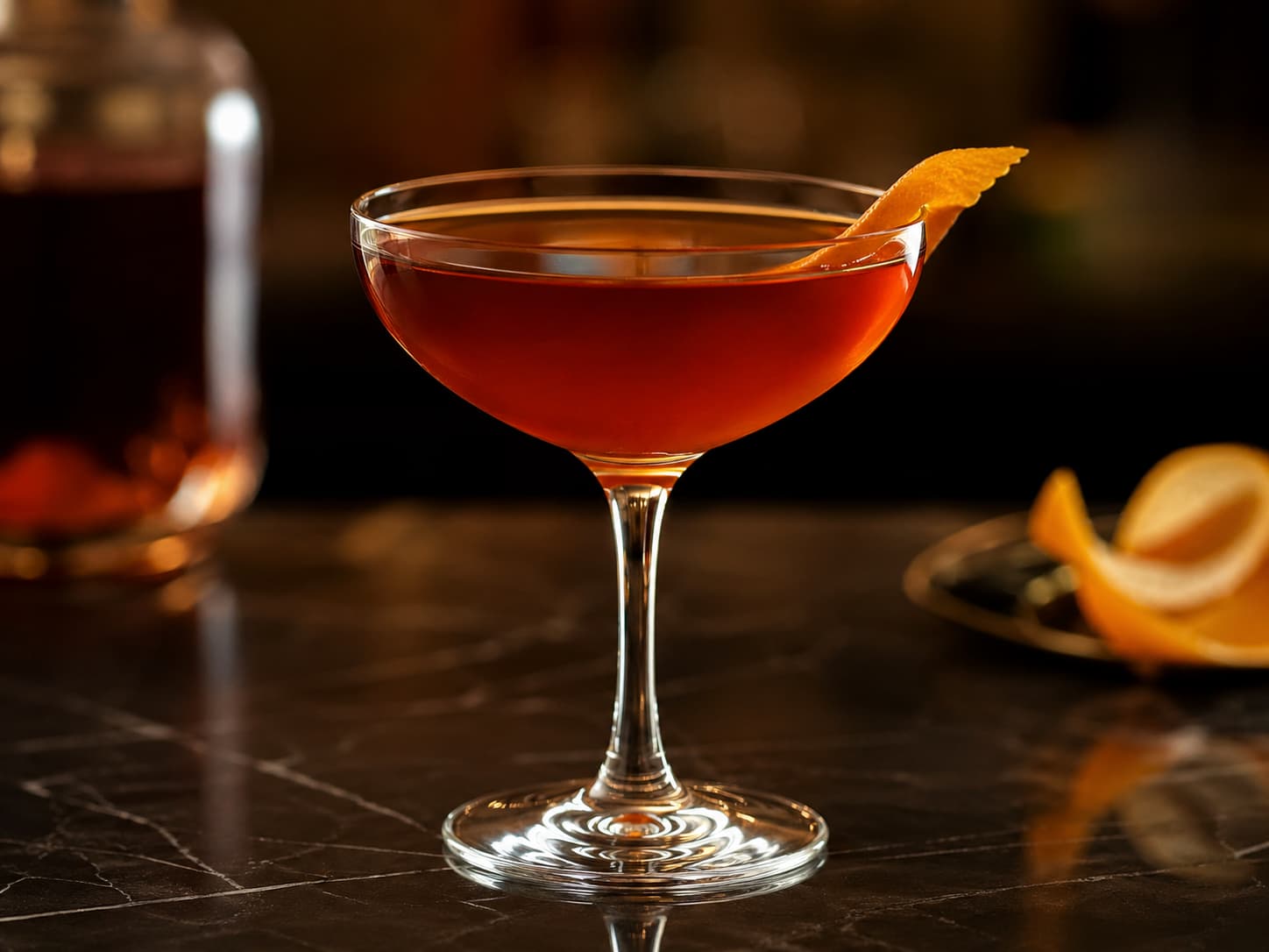 Adonis cóctel clásico con jerez, vermut y piel de naranja servido en copa coupe