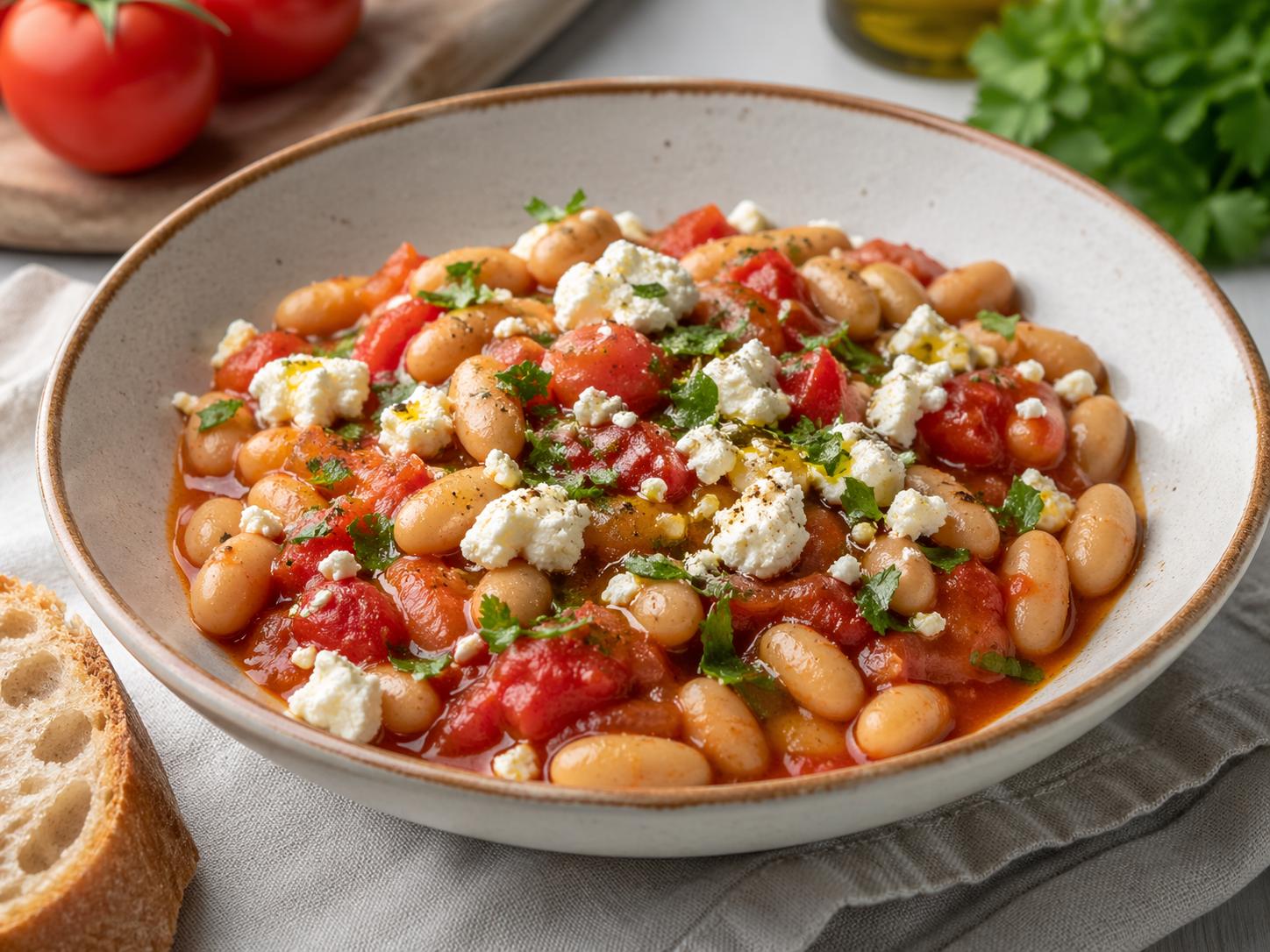 Alubias al estilo griego con tomate y queso feta en plato hondo