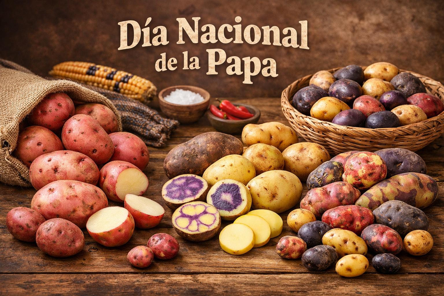 Variedades de papa peruana sobre una mesa rústica para celebrar el Día Nacional de la Papa.