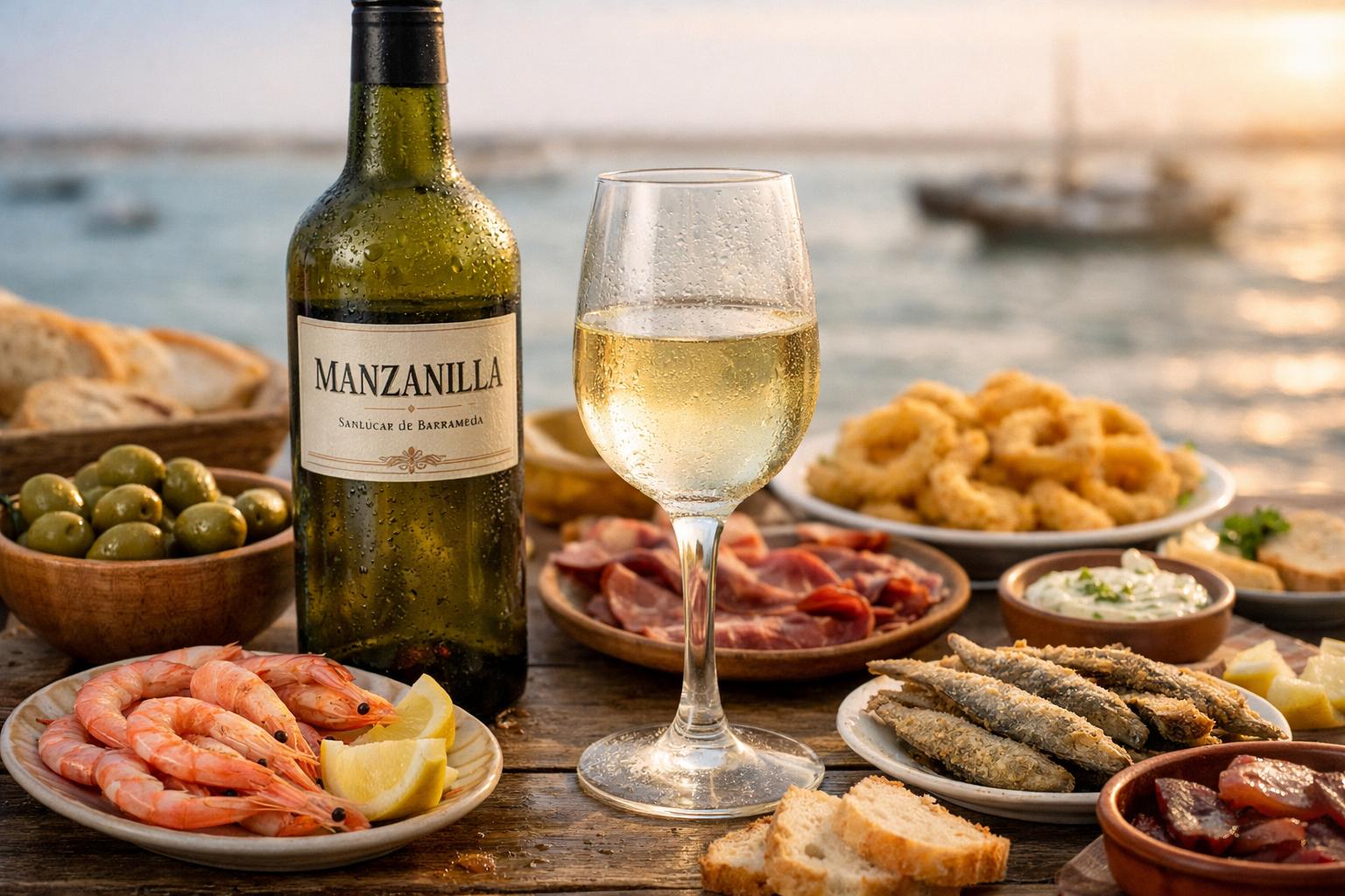 Manzanilla de Sanlúcar bien fría servida en copa con mariscos, jamón ibérico y tapas andaluzas