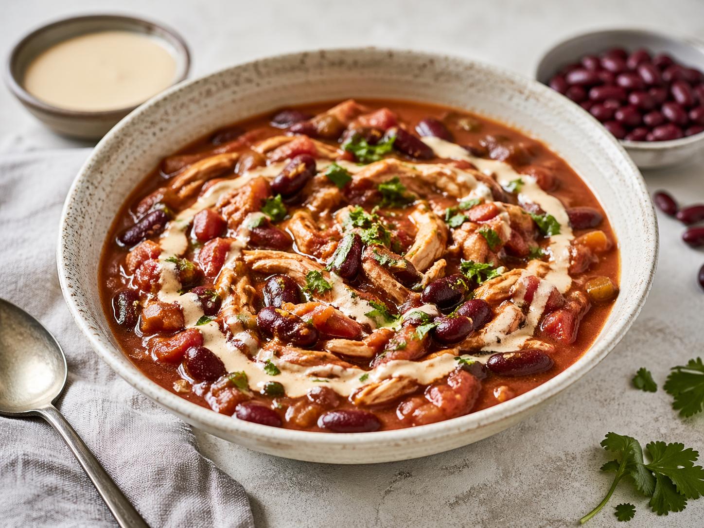 Chili de pollo con tahini y frijoles rojos servido en bol, receta saludable y casera
