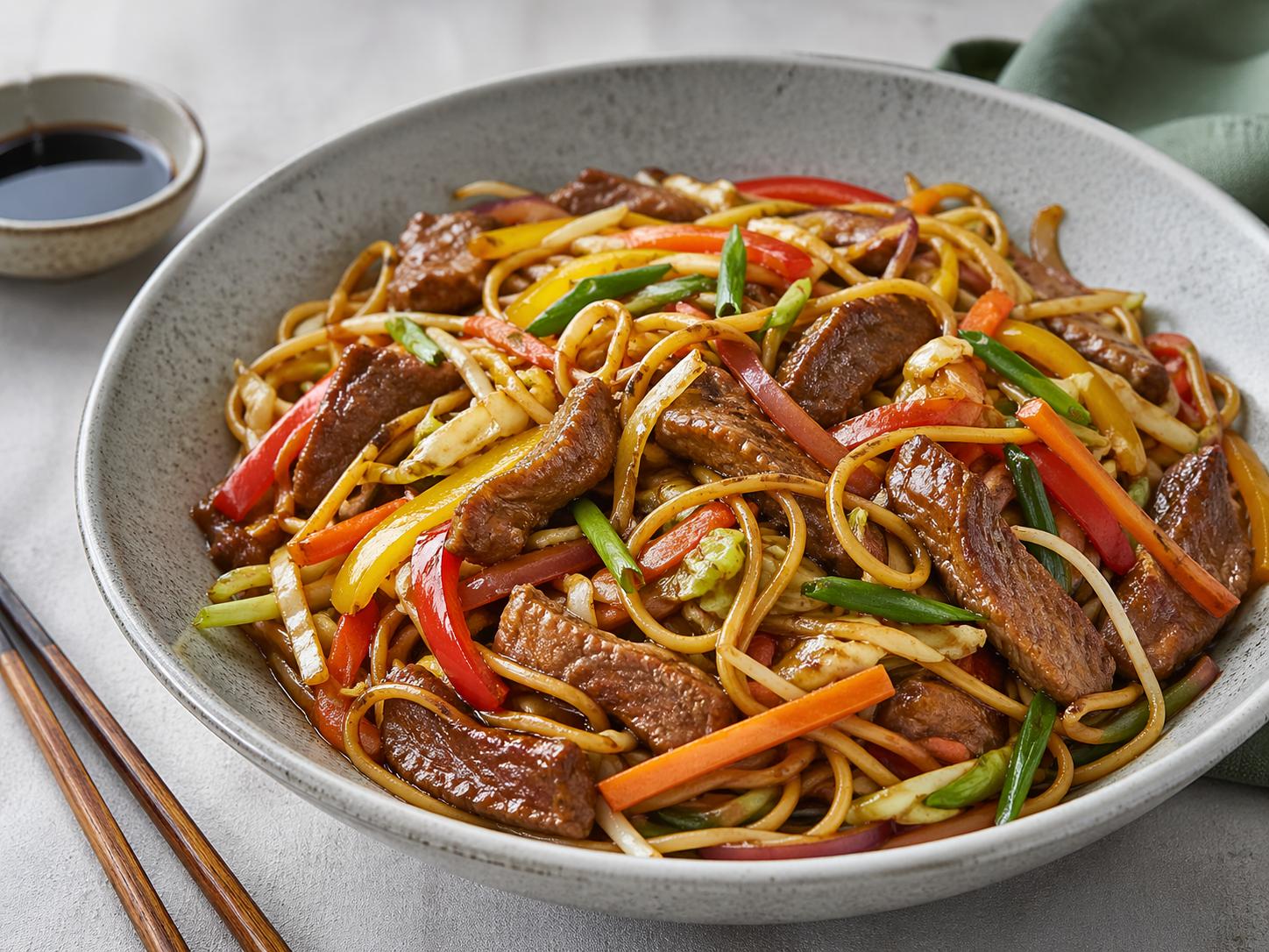Chow mein de ternera saludable con fideos salteados, tiras de carne y verduras frescas