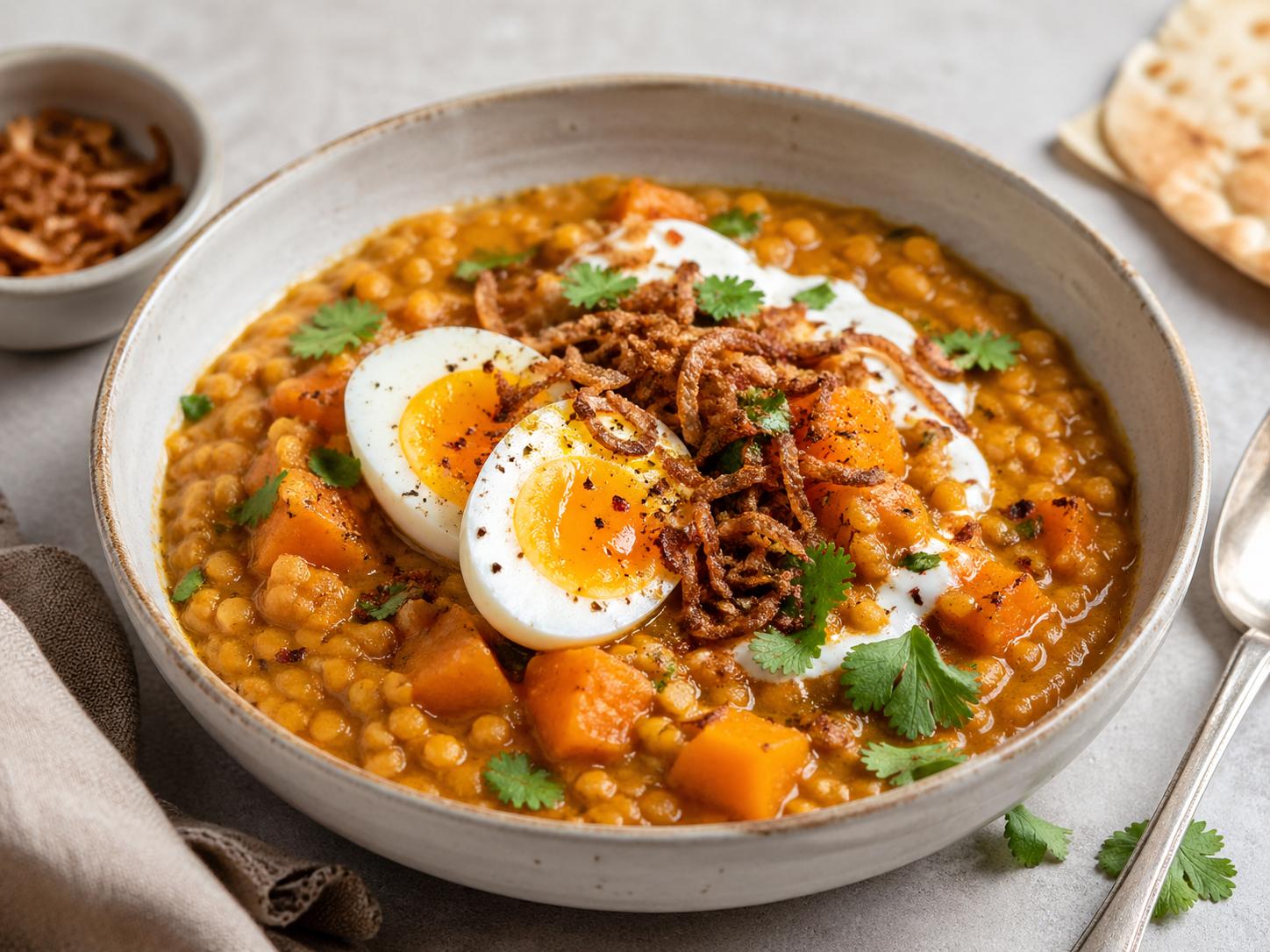 Dahl de calabaza con huevo y cebolla crujiente servido en un bol