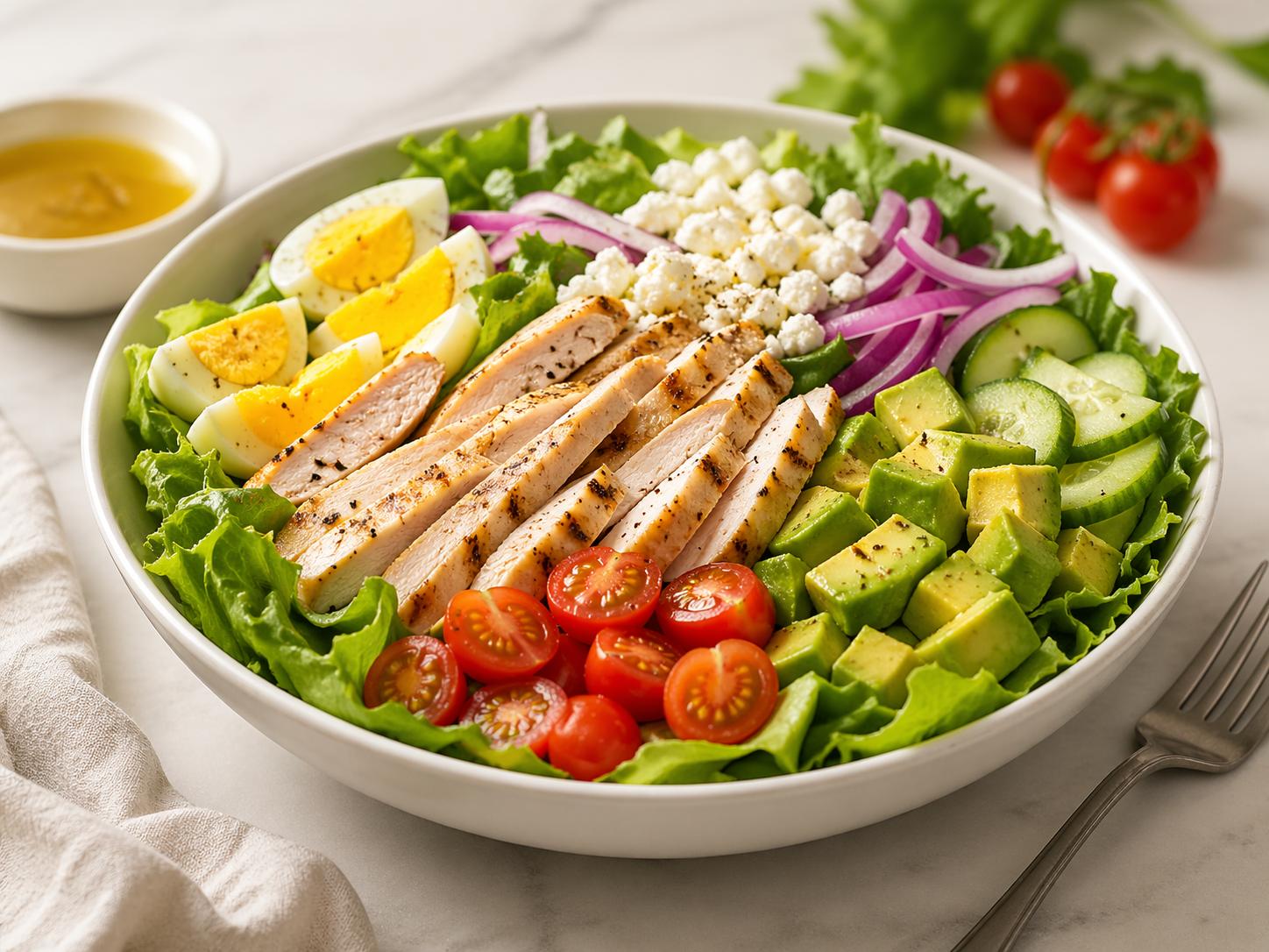 Ensalada Cobb de pavo saludable con lechuga, huevo, aguacate, tomate, pepino y cebolla morada