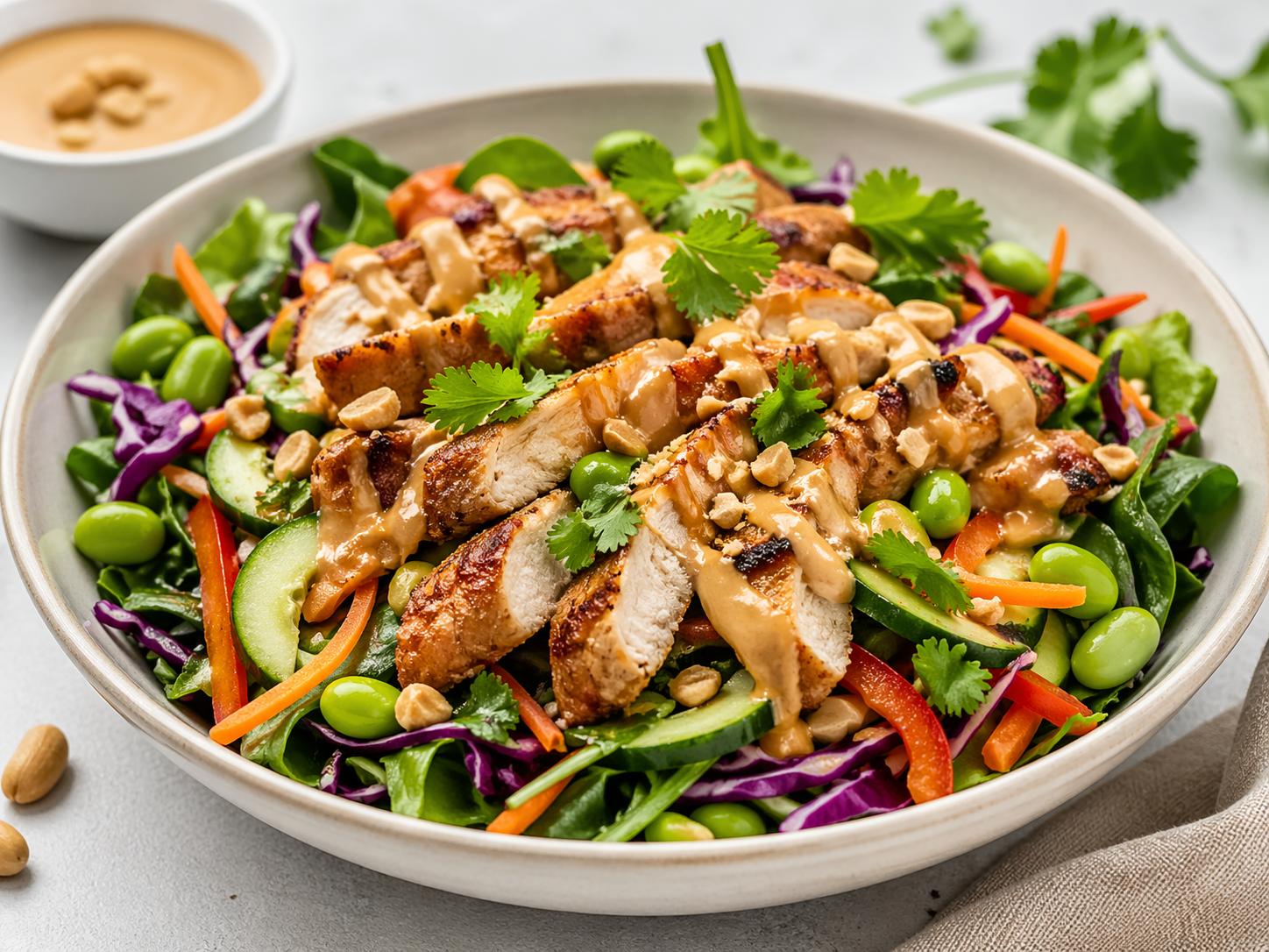 Ensalada de pollo satay saludable con hojas verdes, vegetales frescos y salsa satay cremosa