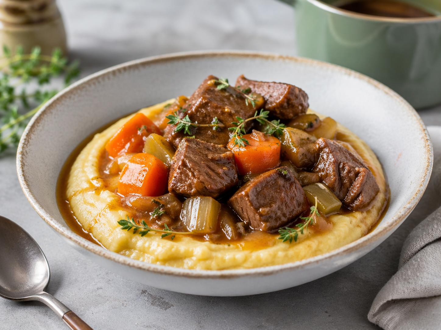 Estofado de ternera en una sola olla con puré de verduras, zanahoria y cebolla
