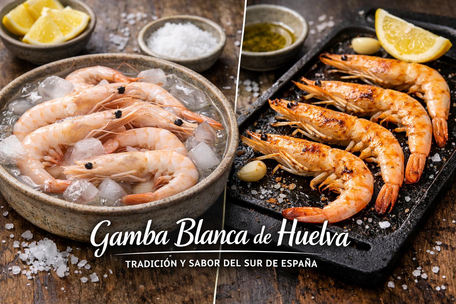 Gamba blanca de Huelva cocida y a la plancha sobre mesa rústica