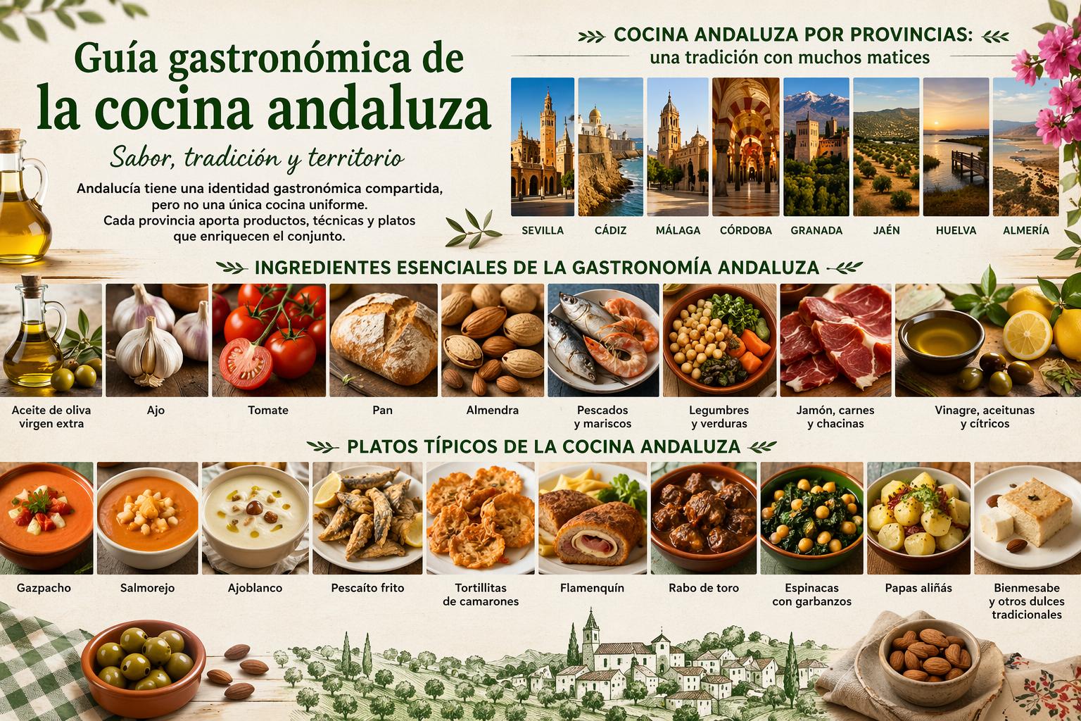 Guía gastronómica de la cocina andaluza con provincias, ingredientes esenciales y platos típicos como gazpacho, salmorejo, pescaíto frito y flamenquín