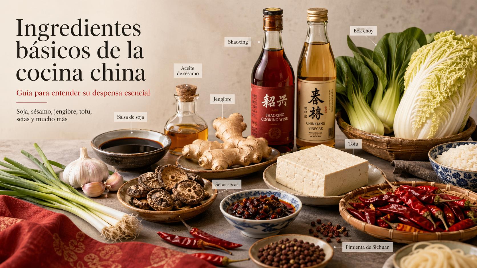 Ingredientes básicos de la cocina china sobre una mesa: salsa de soja, aceite de sésamo, jengibre, tofu, bok choy, setas secas, chiles y vino de Shaoxing.