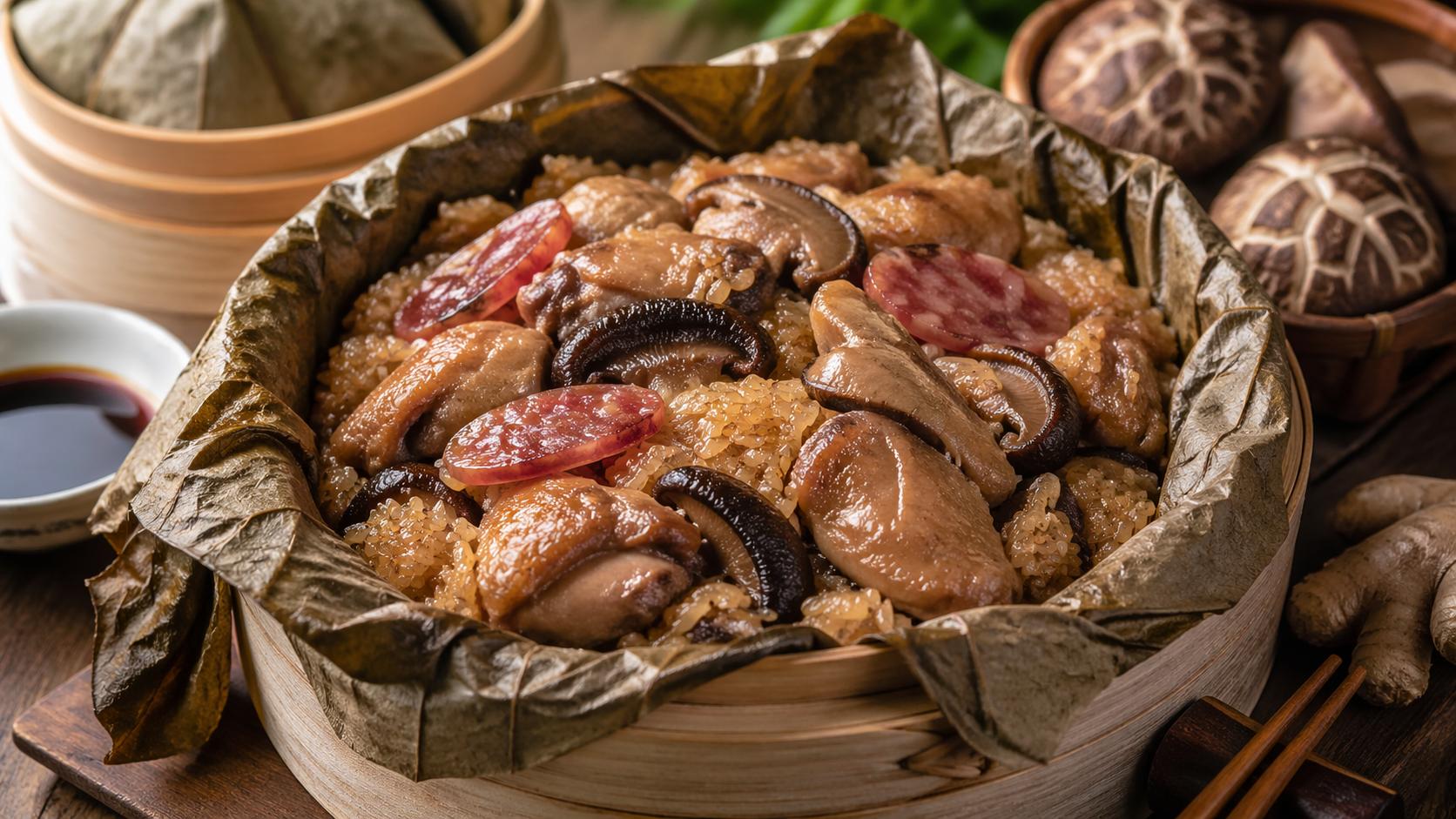 Lo mai gai servido en hoja de loto, con arroz glutinoso al vapor, pollo, setas shiitake y salchicha china