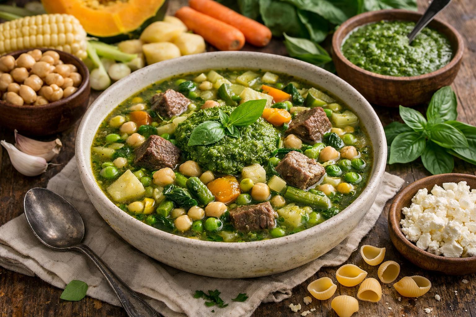 Menestrón andino peruano con verduras y albahaca