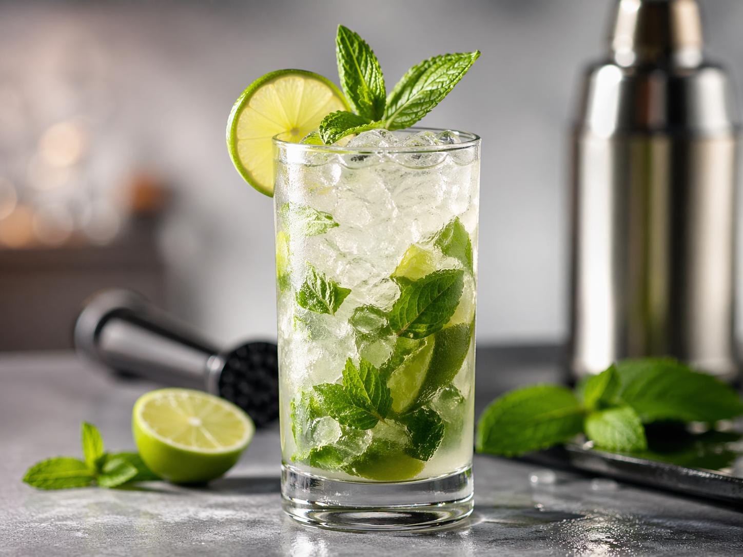 Mojito clásico servido en vaso alto con lima, hierbabuena fresca y hielo triturado