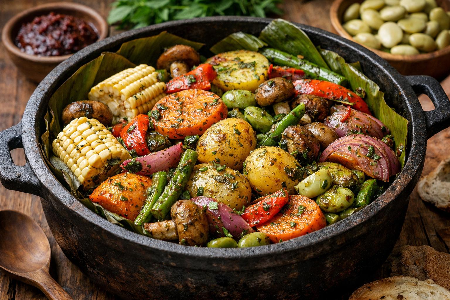 Pachamanca vegetariana en olla con verduras y habas