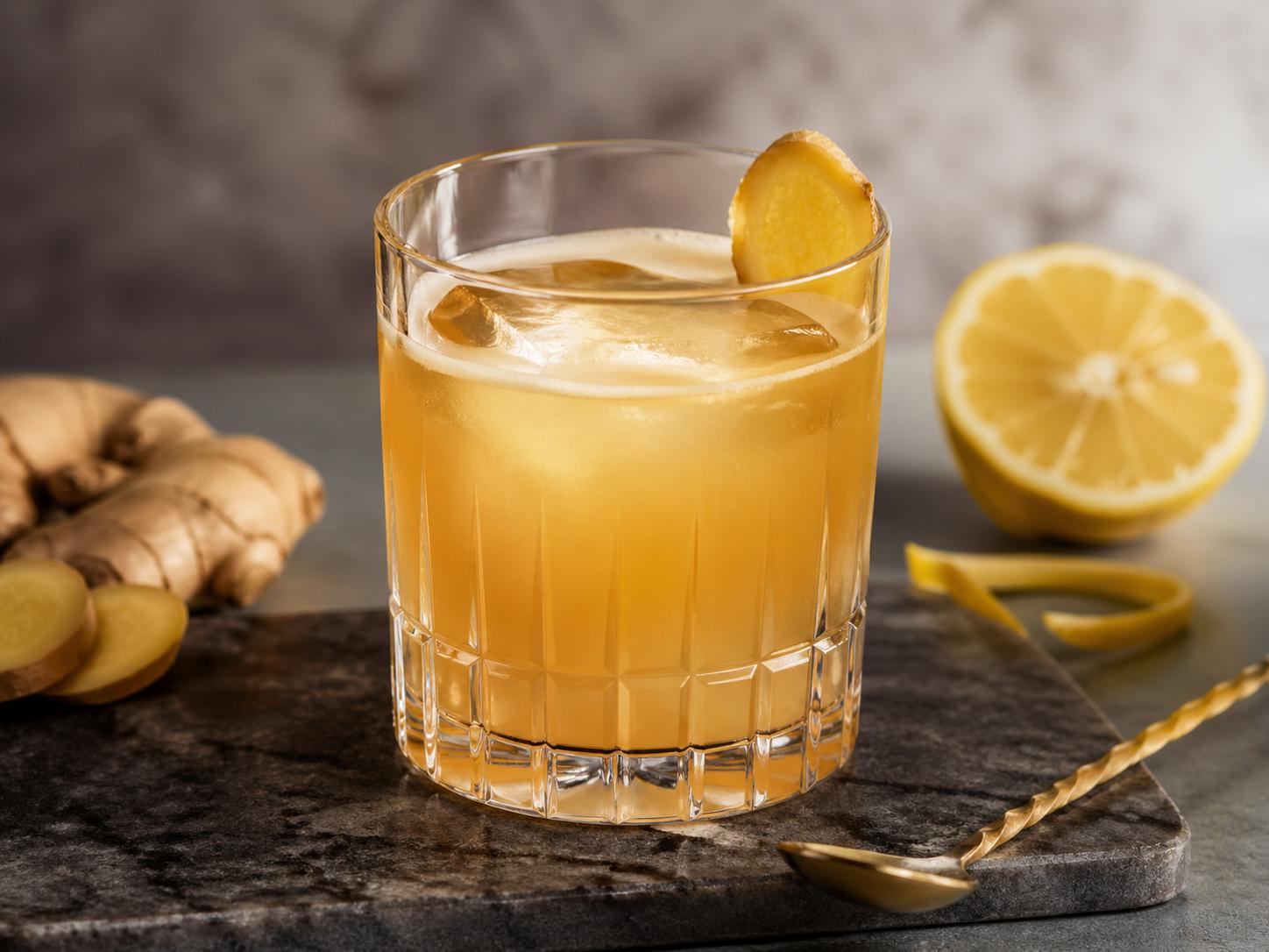 Cóctel Penicillin servido con hielo, jengibre y limón