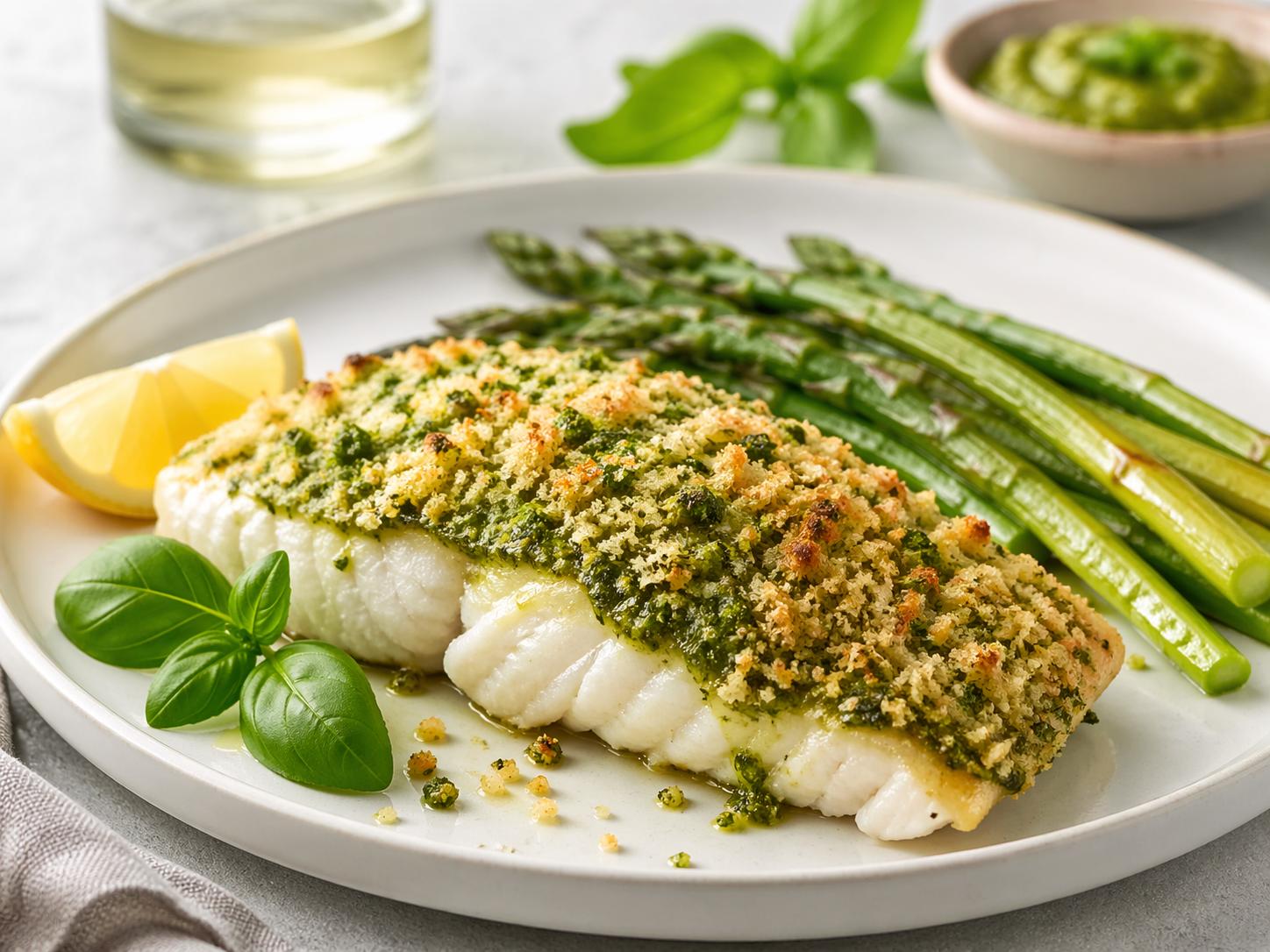 Pescado con pesto y panko al horno servido con espárragos y limón