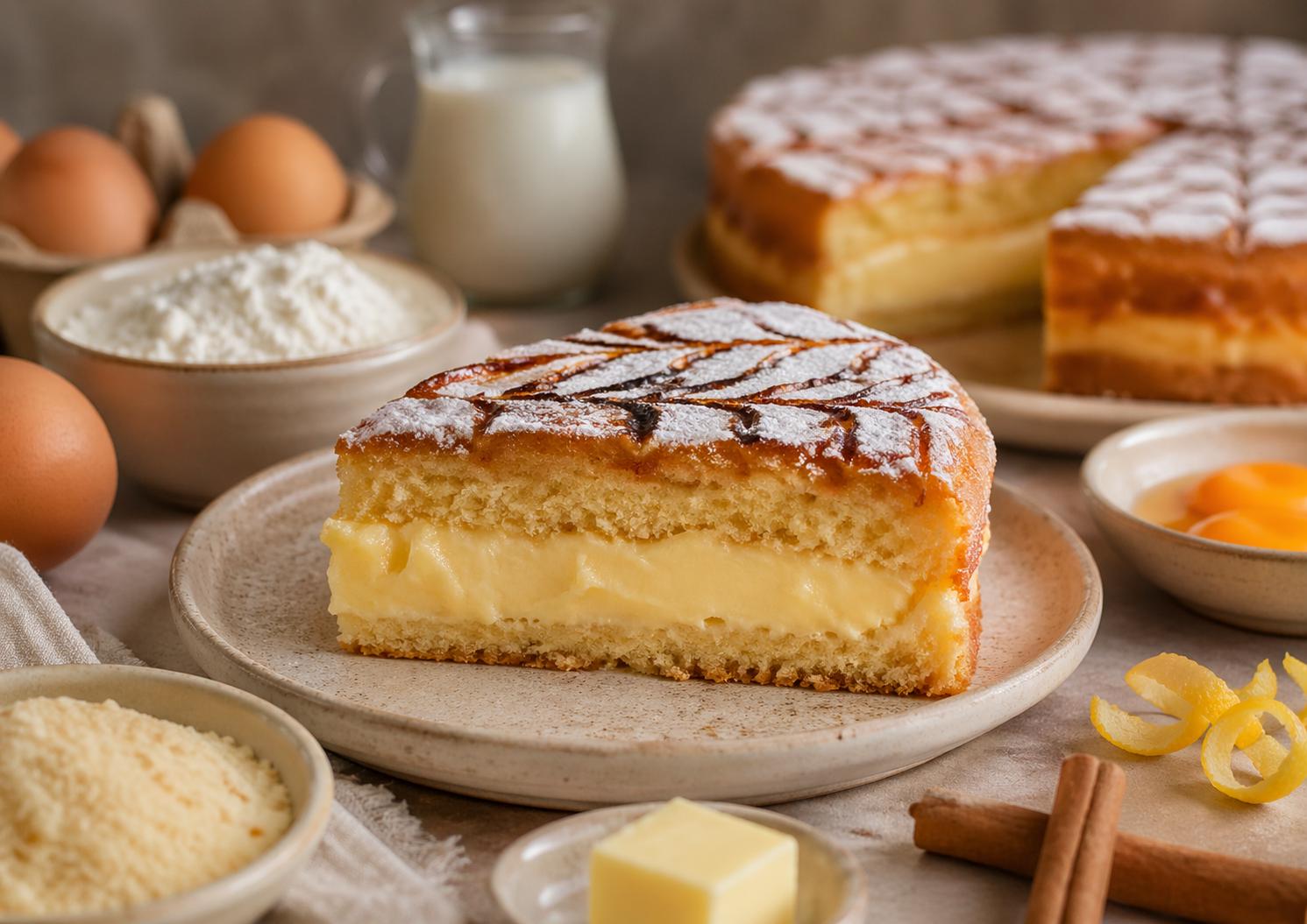 Porción de ponche segoviano, postre tradicional de Segovia, con capas de bizcocho, crema pastelera y cobertura de mazapán