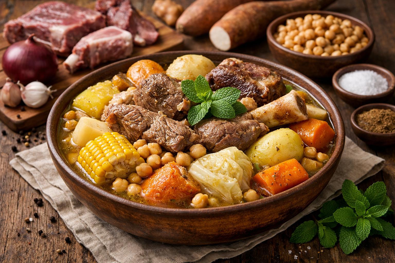 Puchero serrano peruano con carnes y verduras