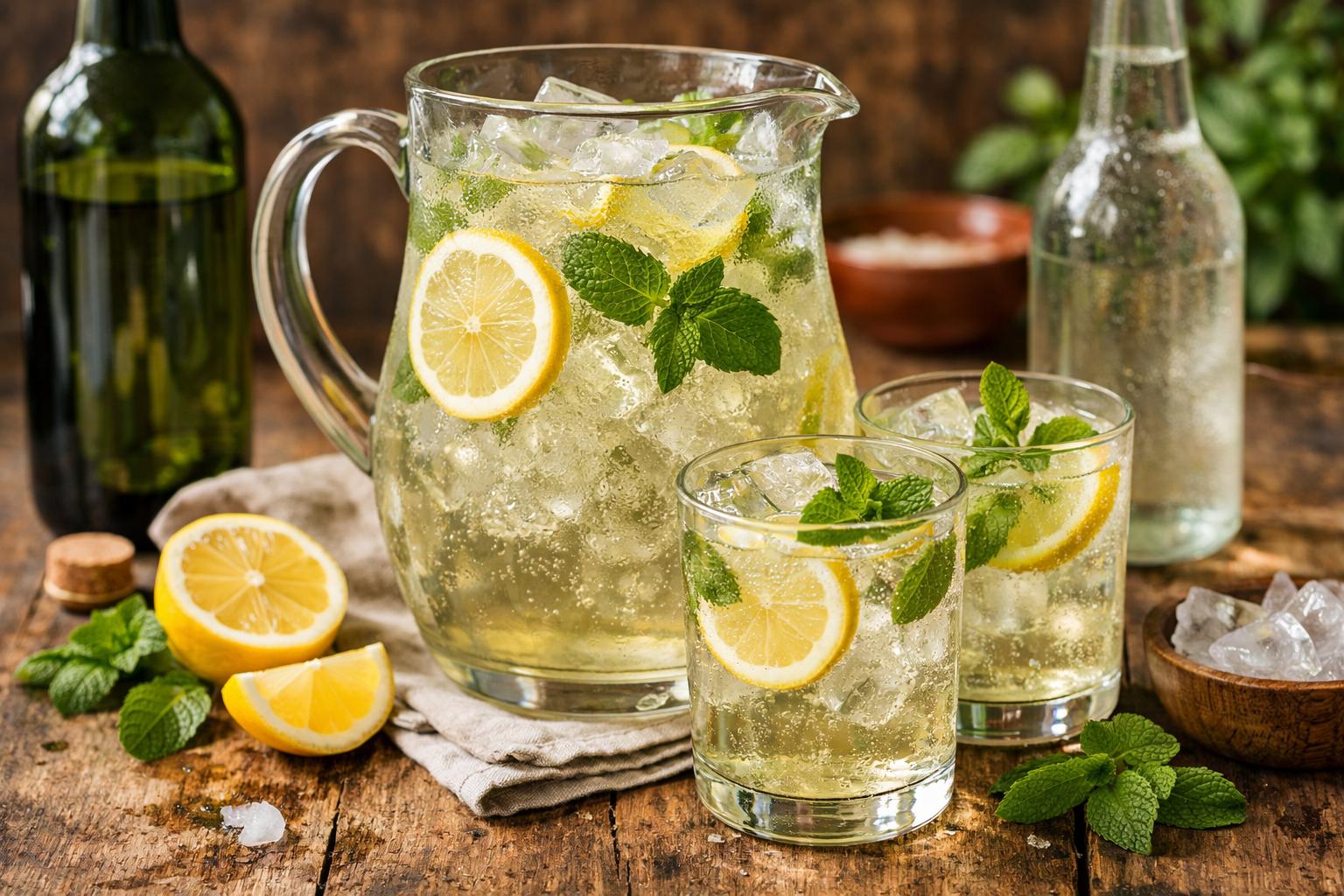 Rebujito andaluz servido muy frío en jarra y vasos con hielo, limón y hierbabuena