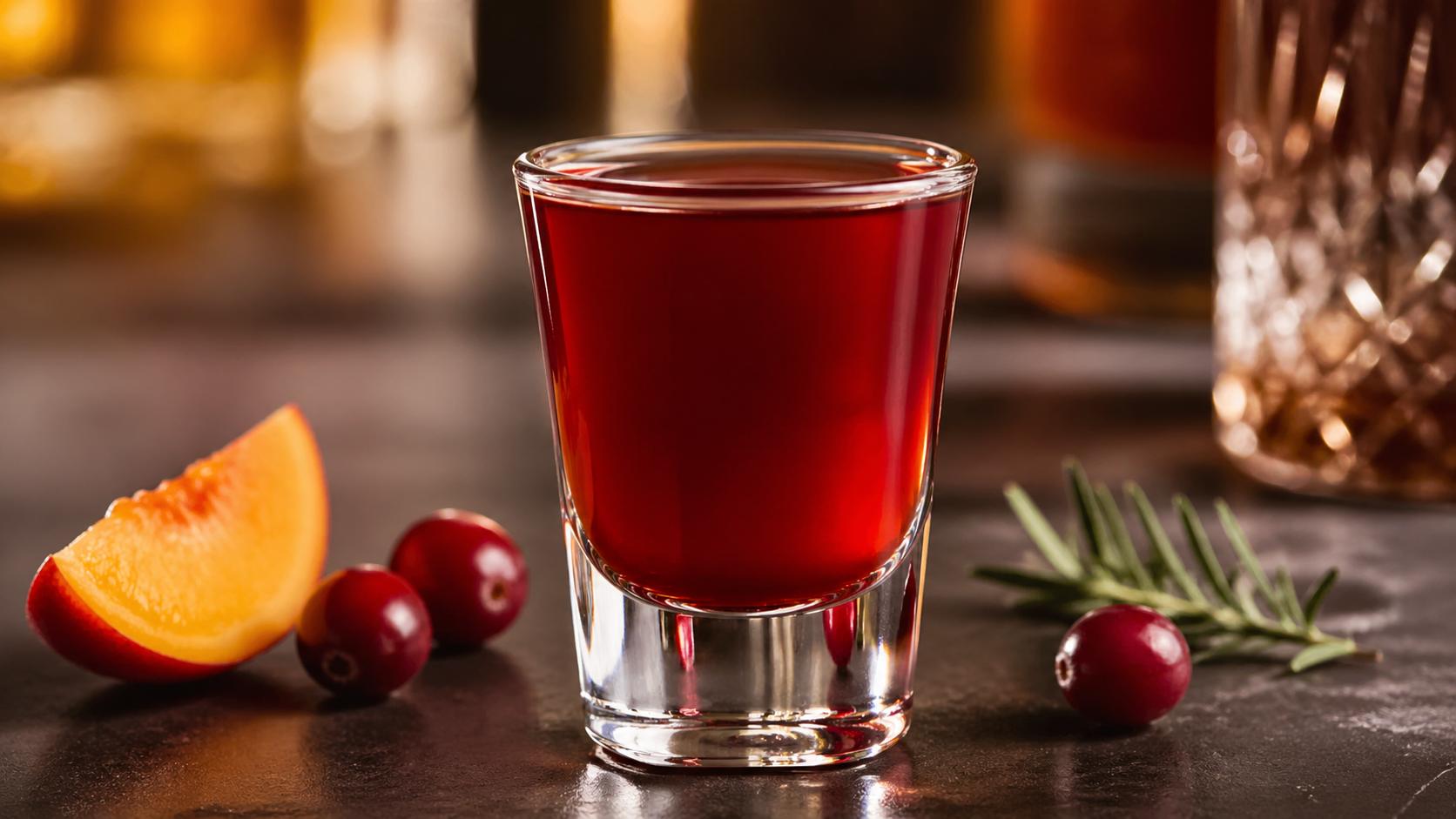 Shot Red Headed Slut con Jägermeister, licor de durazno y jugo de arándano, servido en vaso de shot