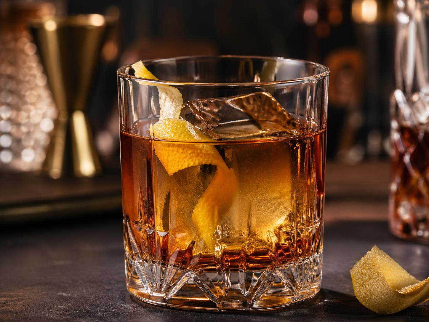 Cóctel Rusty Nail servido en vaso bajo con hielo y twist de limón