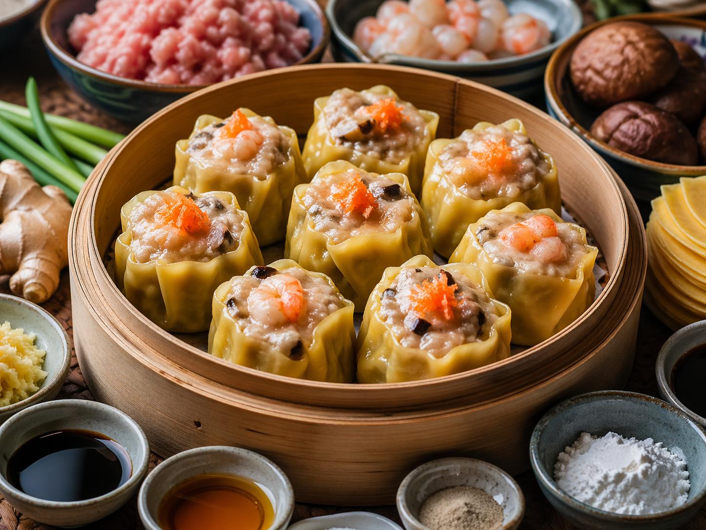 Siu mai o shumai chino al vapor en cesta de bambú, con relleno de cerdo, camarón y shiitake