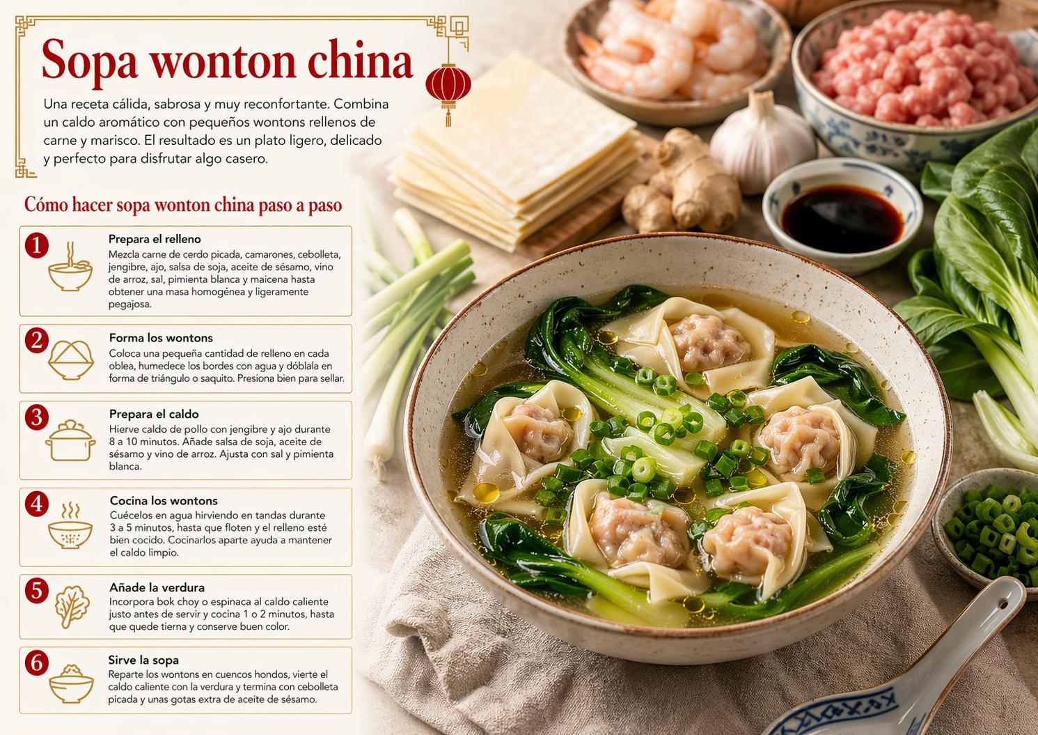 Infografía de sopa wonton china con cuenco de wontons en caldo, bok choy, cebolleta e ingredientes de la receta