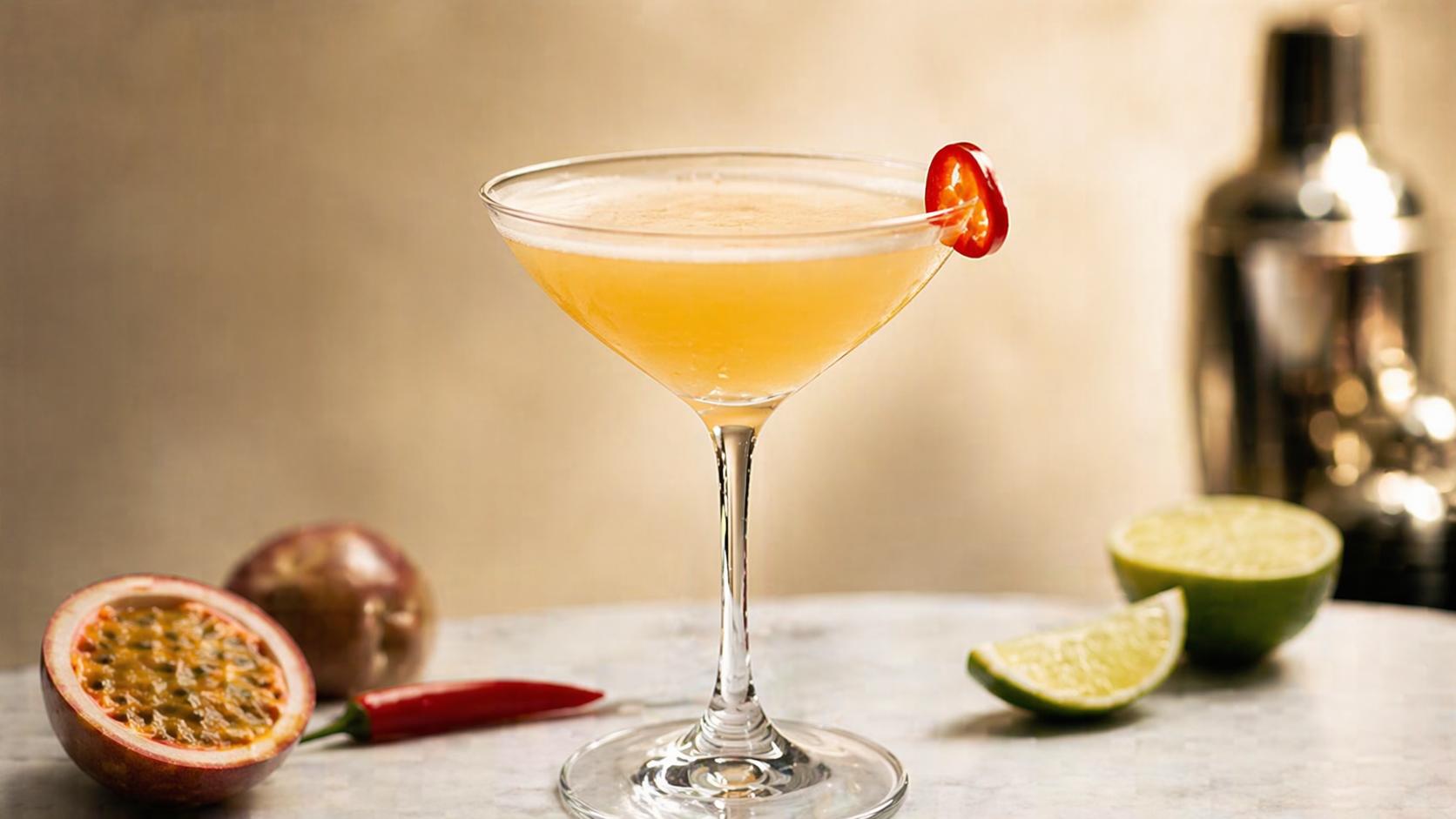 Cóctel Spicy Fifty servido en copa de cóctel, con maracuyá, lima y chile rojo en una escena editorial elegante
