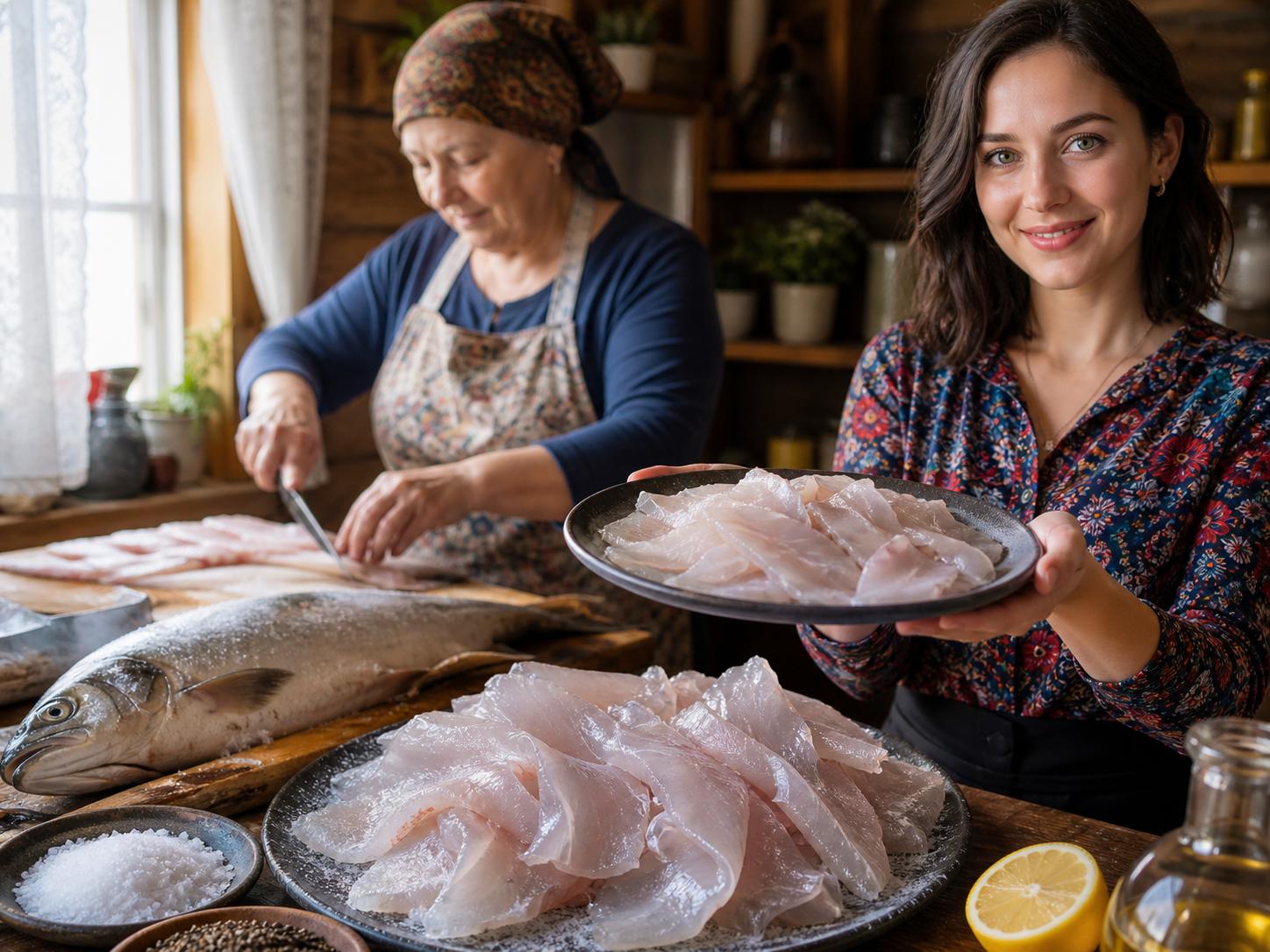 Stroganina rusa servida en láminas finas de pescado congelado con sal, pimienta y limón