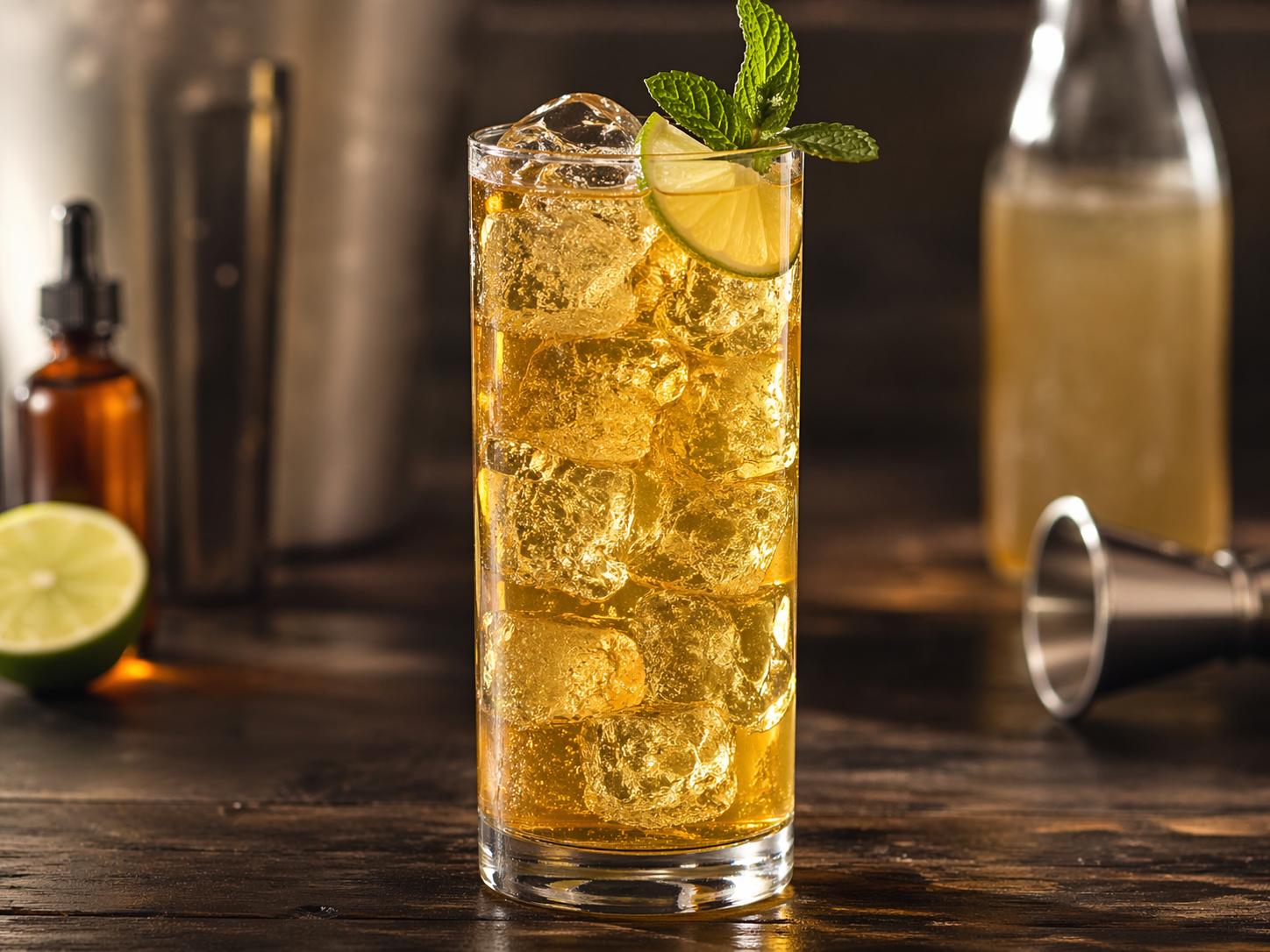 Cóctel Suffering Bastard servido en vaso alto con hielo, lima y menta