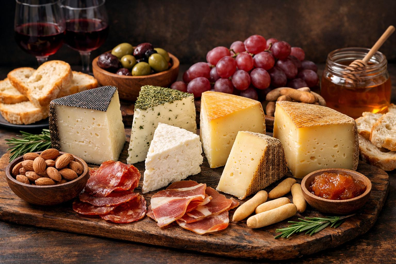 Tabla de quesos curados españoles con embutidos, pan, aceitunas, frutos secos, uvas y miel