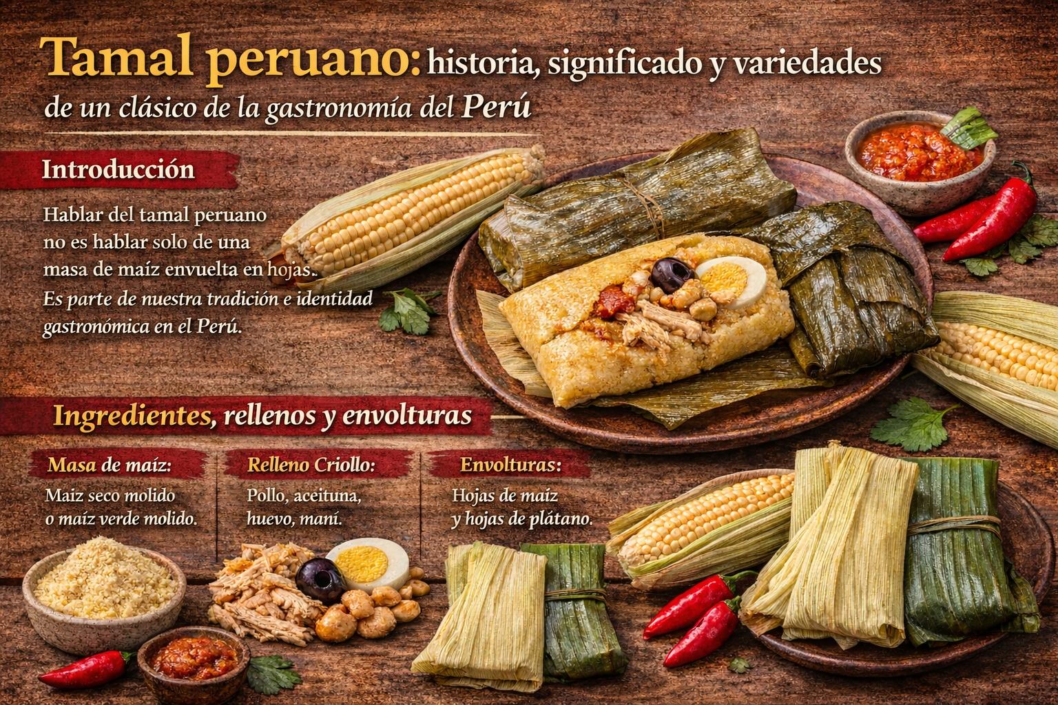 Tamal peruano tradicional con relleno criollo, hojas de plátano y pancas de maíz en una composición gastronómica informativa