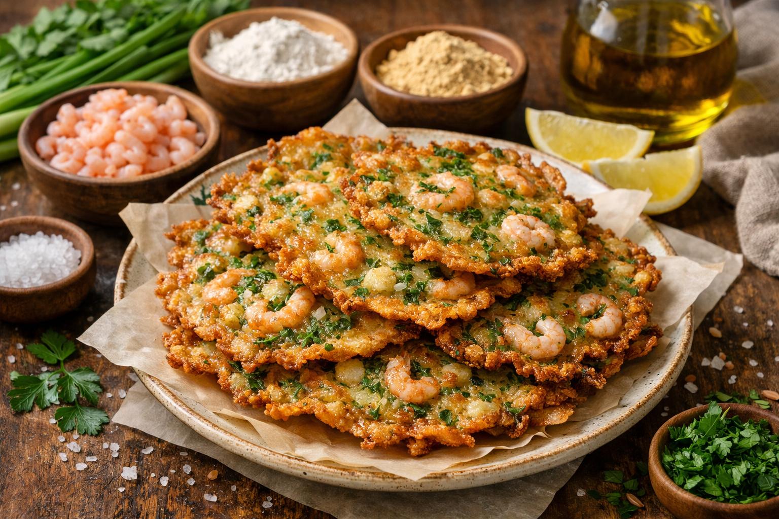 Tortillitas de camarones crujientes servidas en plato con limón y perejil