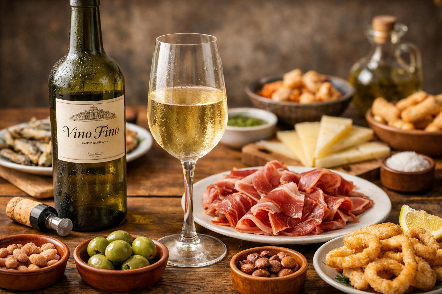 Vino fino servido muy frío con jamón ibérico, aceitunas, queso curado y tapas andaluzas