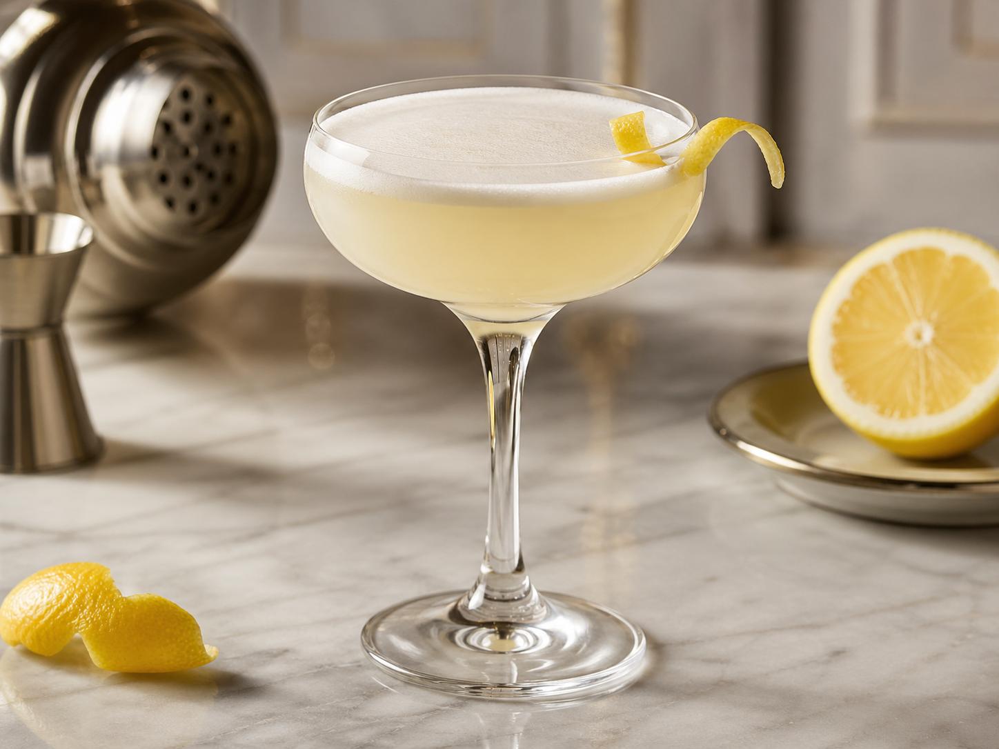 Cóctel White Lady servido en copa coupe con espuma suave y twist de limón