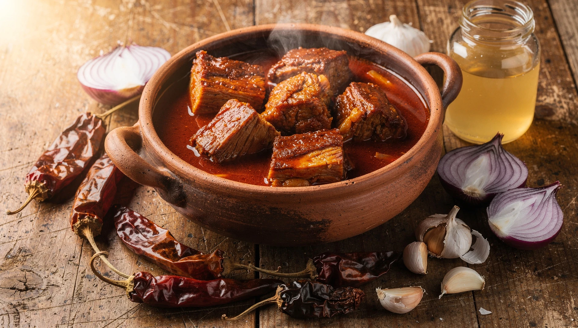Adobo arequipeño servido en olla de barro con ají panca y cebolla roja sobre mesa de madera rústica