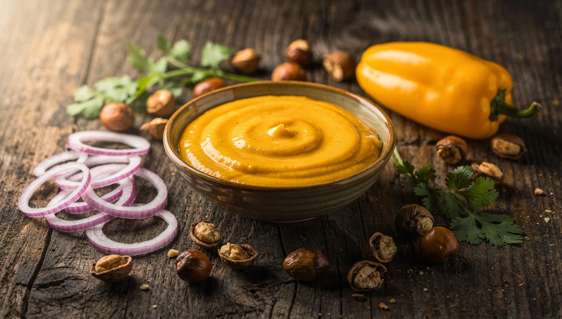 Ají de castaña cremoso de Madre de Dios servido en un bol de cerámica rodeado de castañas amazónicas y ají amarillo fresco