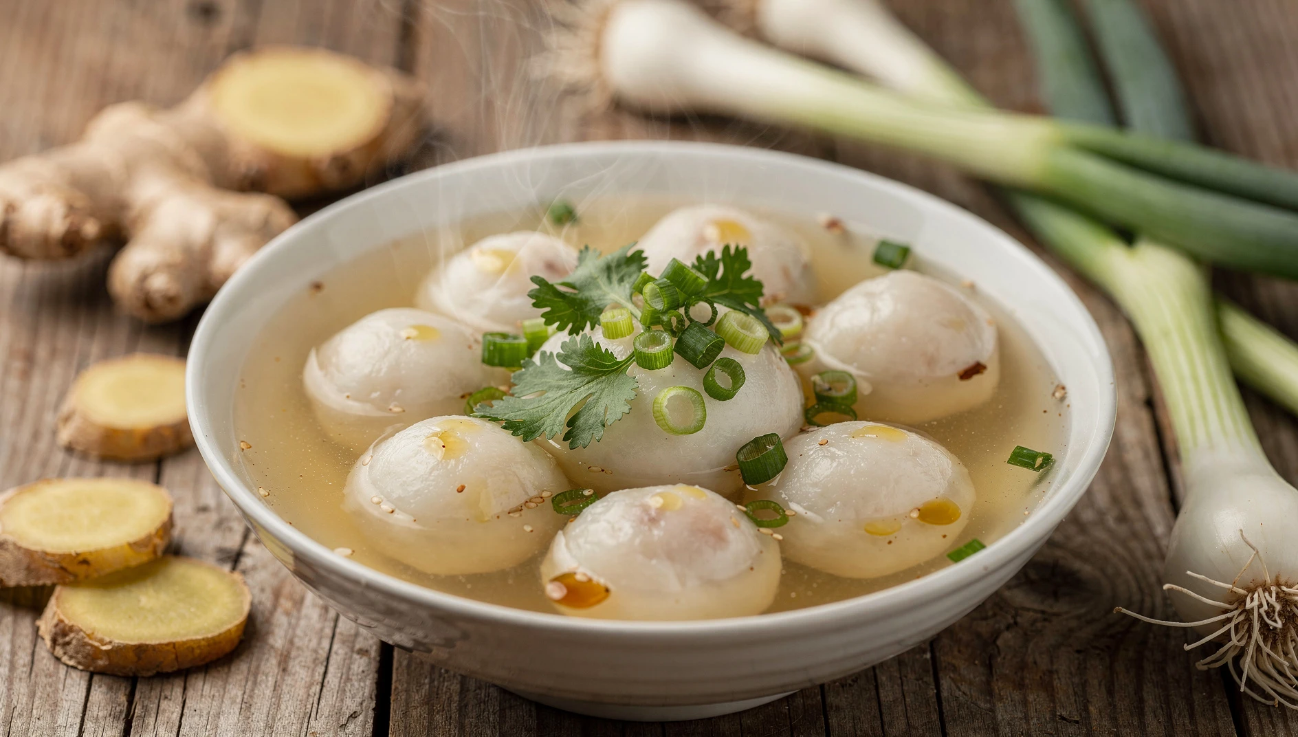 Tazón con albóndigas de pescado de Fuzhou en caldo liviano decoradas con cebolleta y cilantro