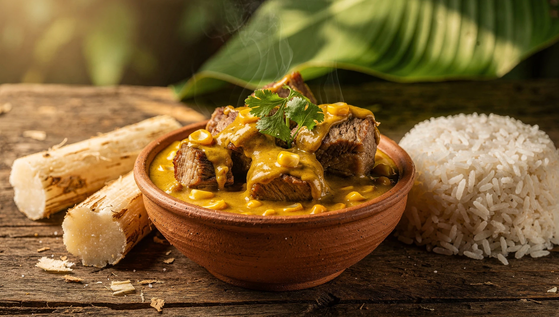 Apichado de cerdo con maíz y maní servido en un plato de barro con arroz blanco y yuca sancochada
