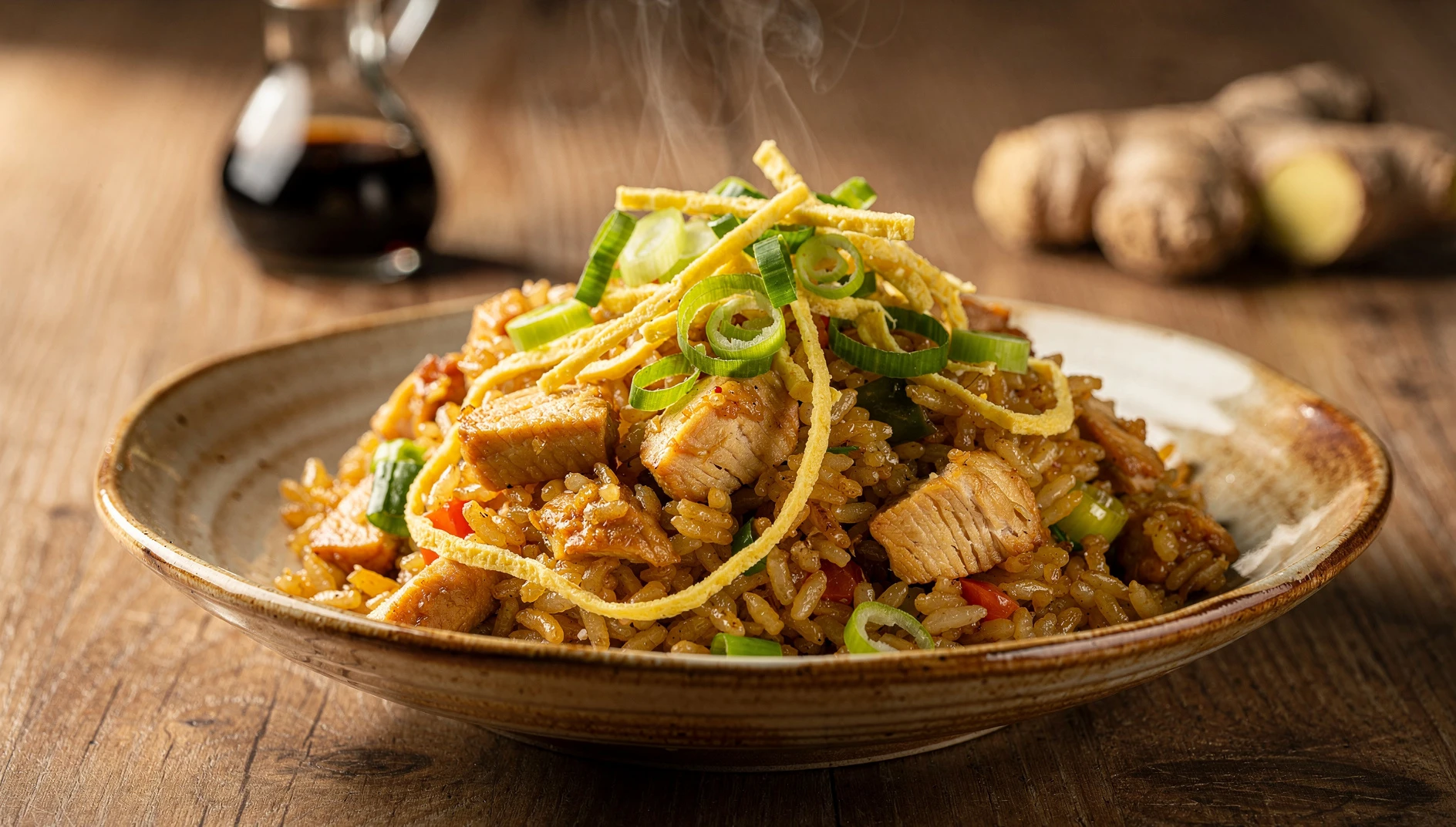 Plato de arroz chaufa peruano de pollo con cebolla china y tiras de tortilla de huevo
