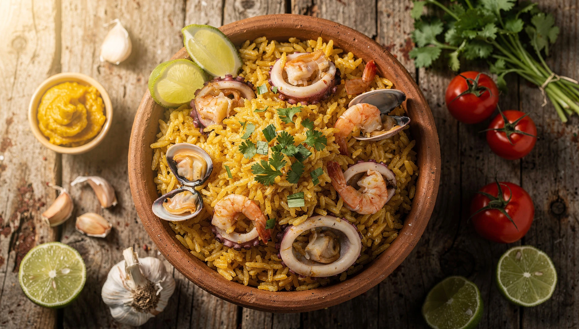 Arroz con marisco peruano servido en cazuela de barro con gambas, calamares y cilantro fresco