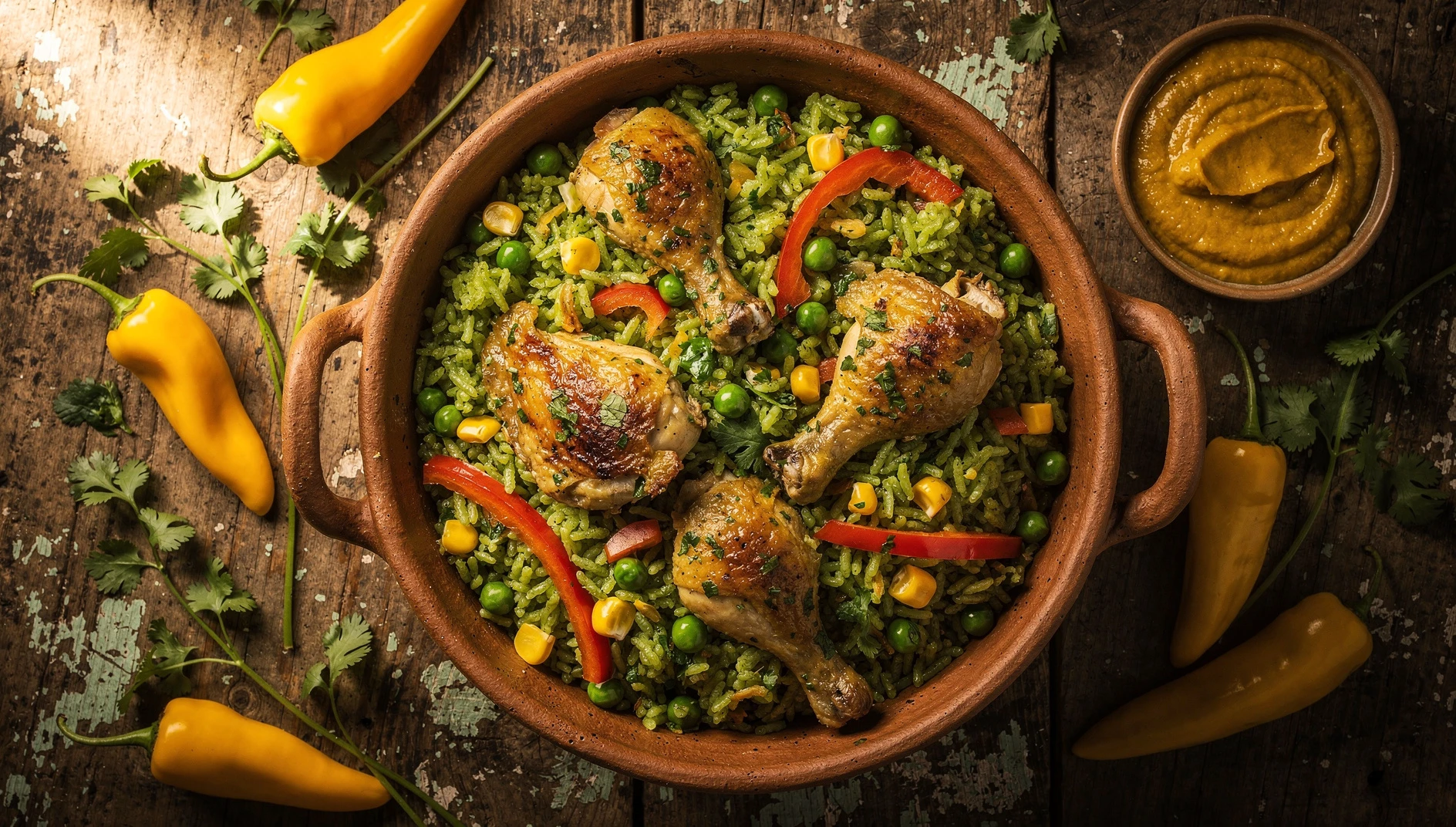 Arroz con pollo peruano verde servido en olla de barro con pollo dorado, arvejas, pimiento rojo y choclo sobre mesa de madera rústica