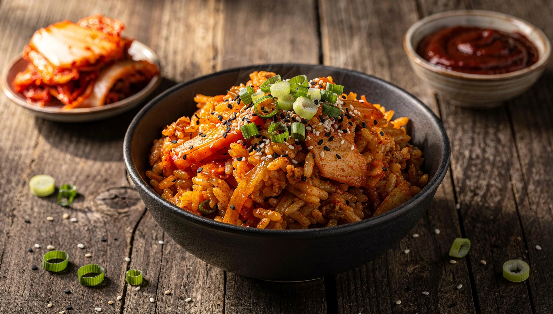 Arroz frito vegano con kimchi, semillas de sésamo tostado y cebolleta fresca servido en un bol de cerámica oscura